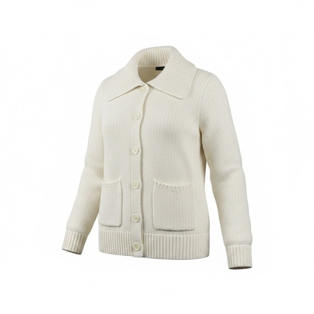 Talbots Womens Ivory Cotton Wool Blend Shaker Knit Button Cardigan Sweater L